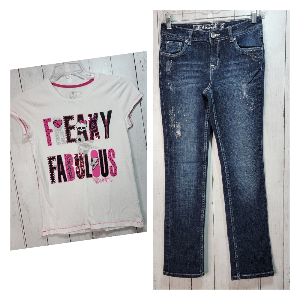 Justice Girls 2 Piece Set T-Shirt Jeans Size 12/14 Glitter. Excellent Condition-